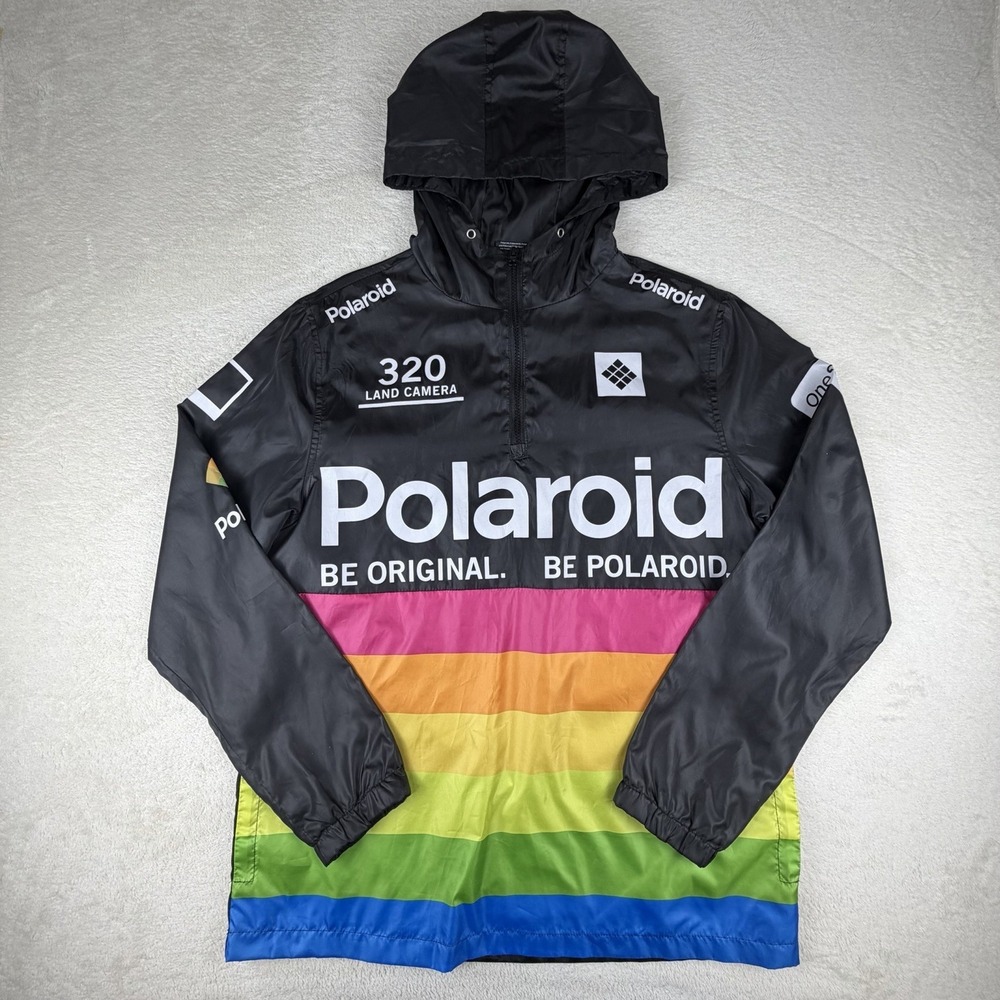 Men's POLAROID Hoodie Black Nylon Quarter Zip Windbreaker Pullover Jacket Size S